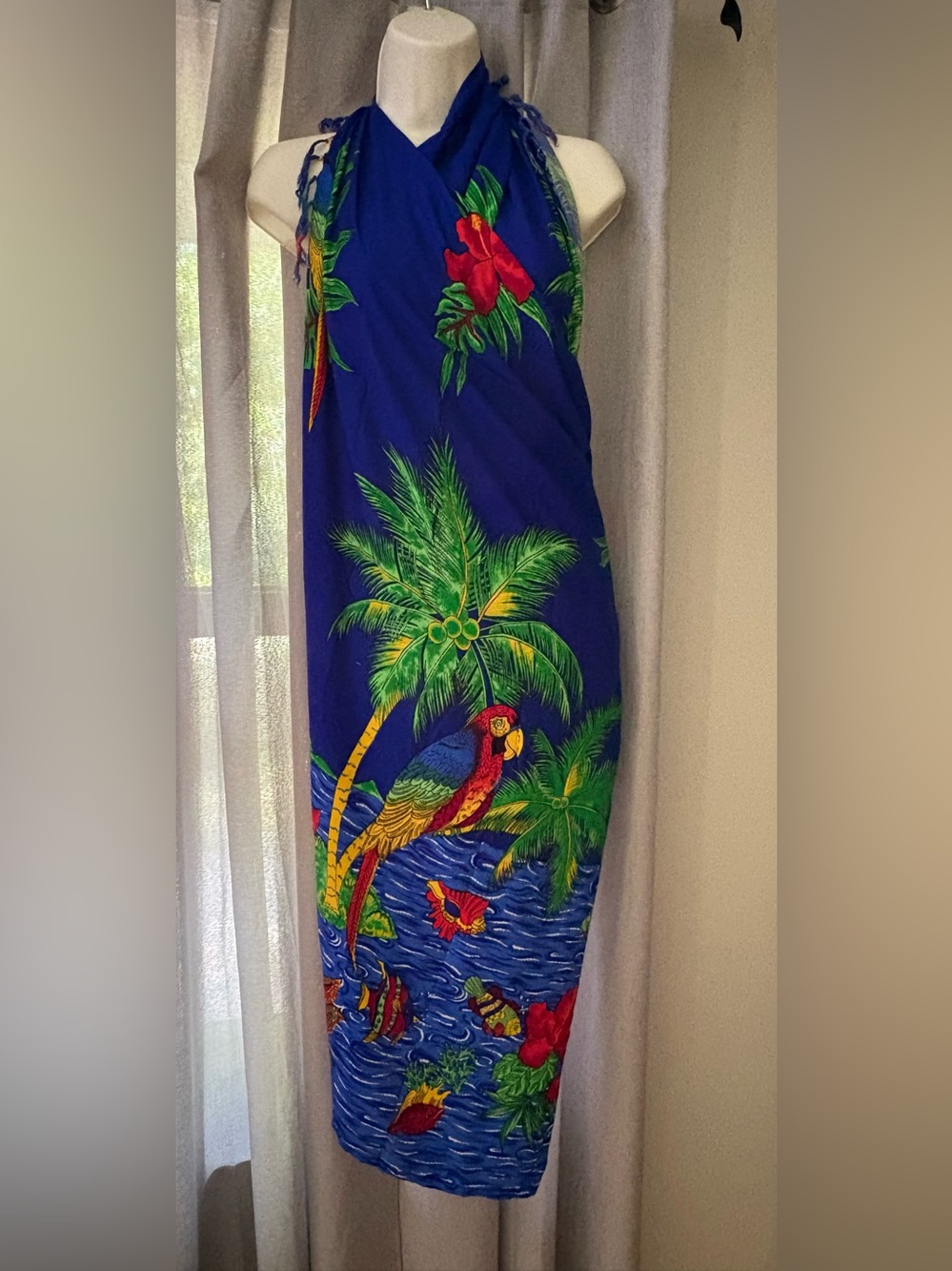 Vintage IN GEAR Tropical Parrot Beach Sarong Wrap Dress Royal Blue Tiki Vacation